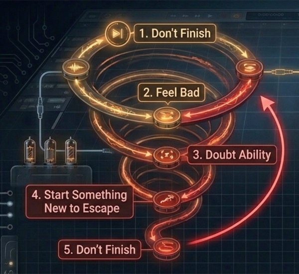 The Self-Blame Whirlpool: Don't Finish → Feel Bad → Doubt Ability → Start Something New to Escape → Don't Finish