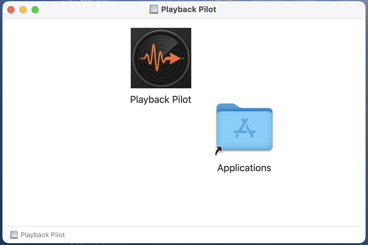 Mounted Playback Pilot disk image showing the app icon next to an Applications folder shortcut — drag the app onto Applications to install