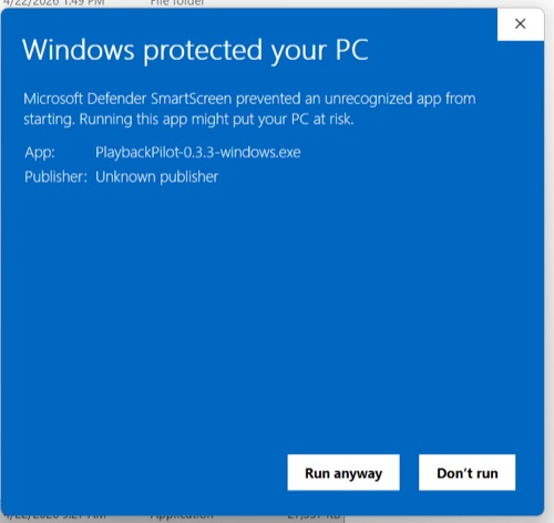 Windows SmartScreen warning dialog — click More info, then Run anyway