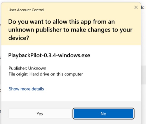 Windows User Account Control dialog — click Yes