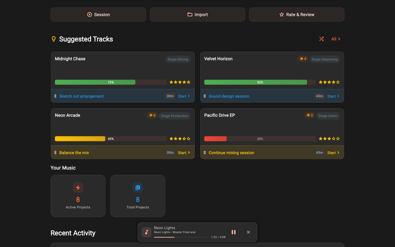 PlaybackPilot Dashboard — see suggested tracks and pick up where you left off